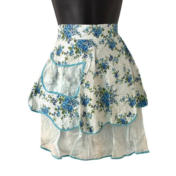 Vintage Blue Floral Sheer Half Apron With Pockets - Picture 1 of 4